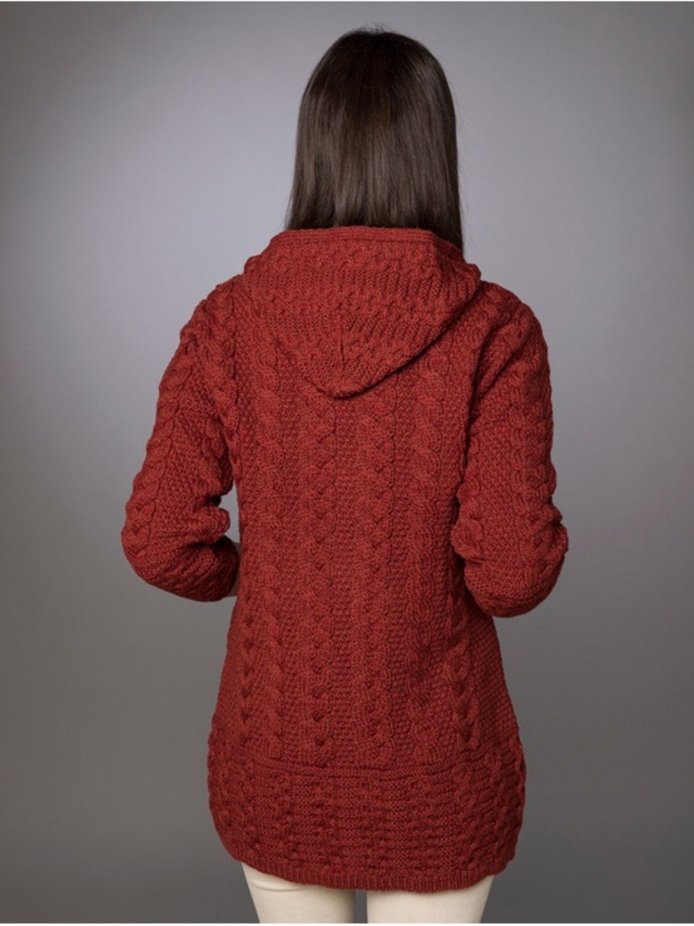 Aran Merino Wool Cable Knit Hooded Zip Cardigan – Rust Red, Size Medium - Picture 4 of 14